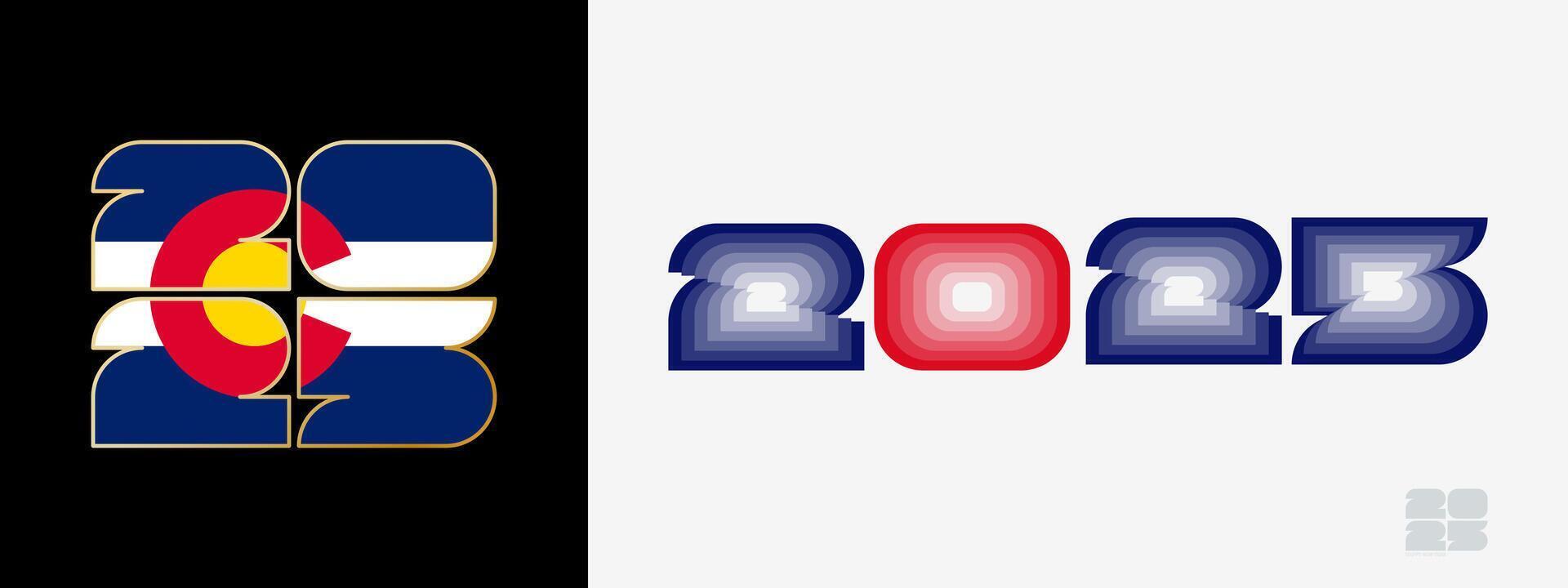 Year 2025 with flag of Colorado and in color palate of Colorado flag. Happy New Year 2025 in two different style. vector