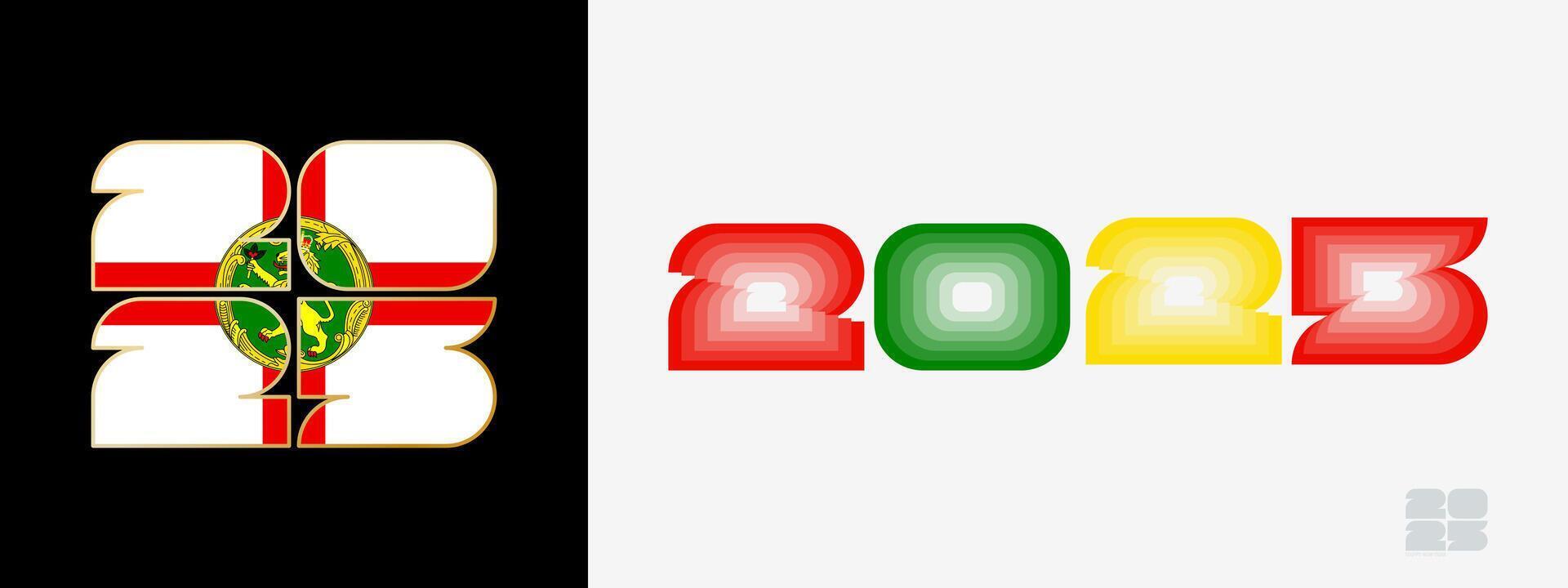 Year 2025 with flag of Alderney and in color palate of Alderney flag. Happy New Year 2025 in two different style. vector