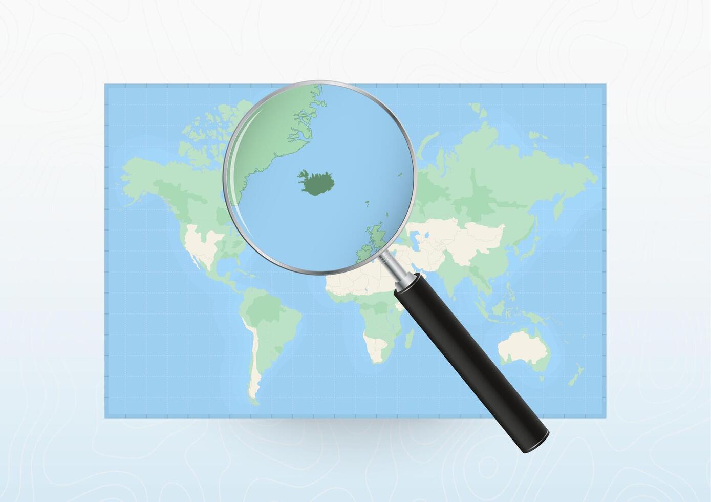 Map of the World with a magnifying glass aimed at Iceland, searching Iceland with loupe. vector