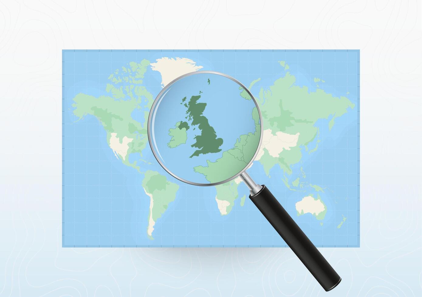 Map of the World with a magnifying glass aimed at United Kingdom, searching United Kingdom with loupe. vector