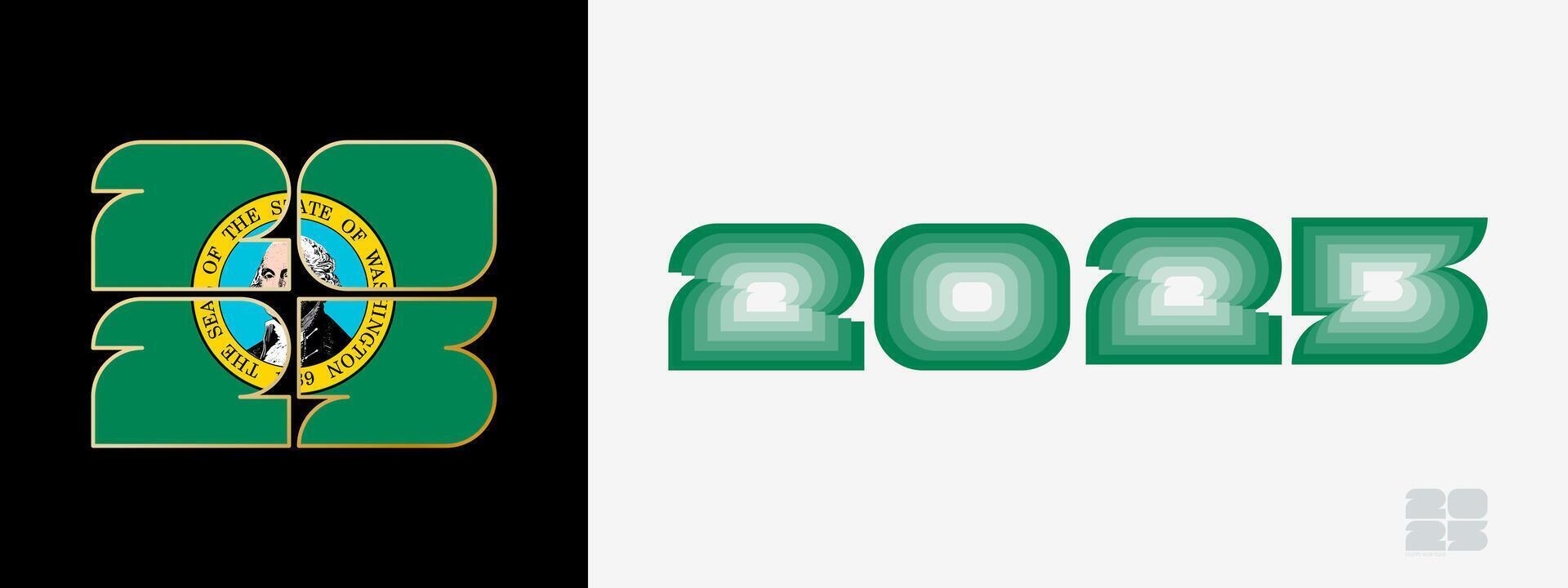 Year 2025 with flag of Washington and in color palate of Washington flag. Happy New Year 2025 in two different style. vector