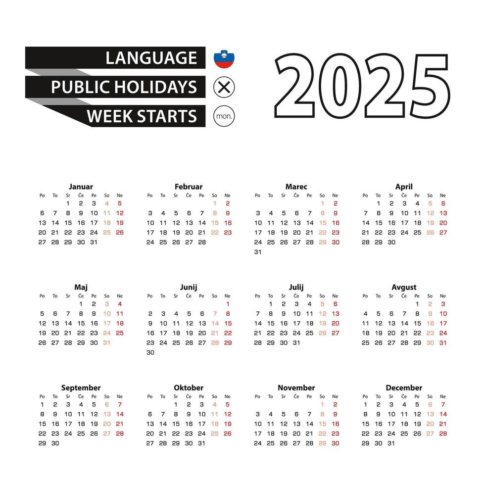 Calendar 2025 in Slovenian language, week starts on Monday. vector