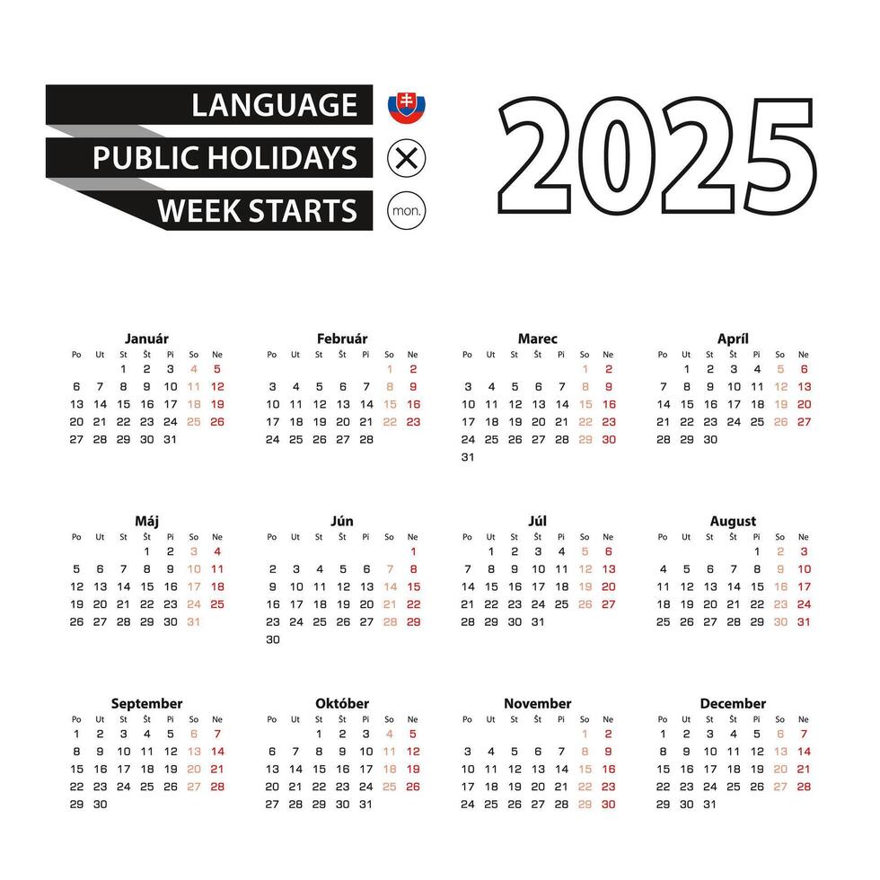 Calendar 2025 in Slovak language, week starts on Monday. vector
