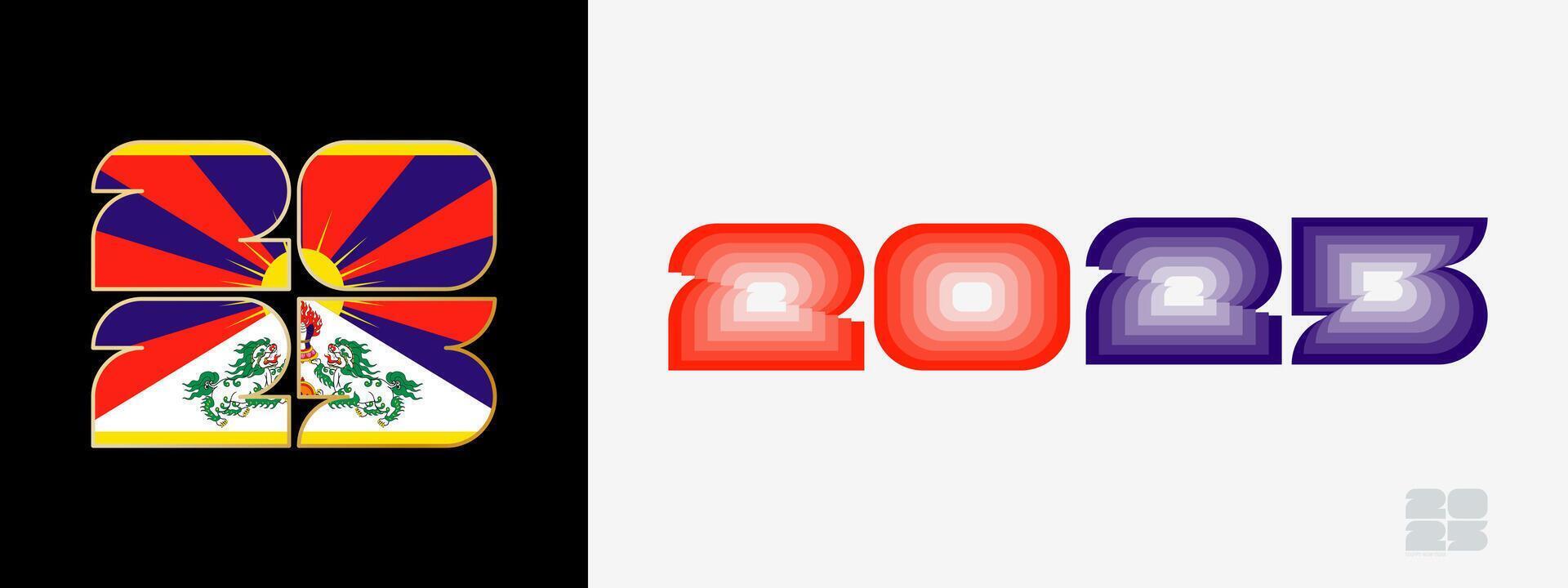 Year 2025 with flag of Tibet and in color palate of Tibet flag. Happy New Year 2025 in two different style. vector