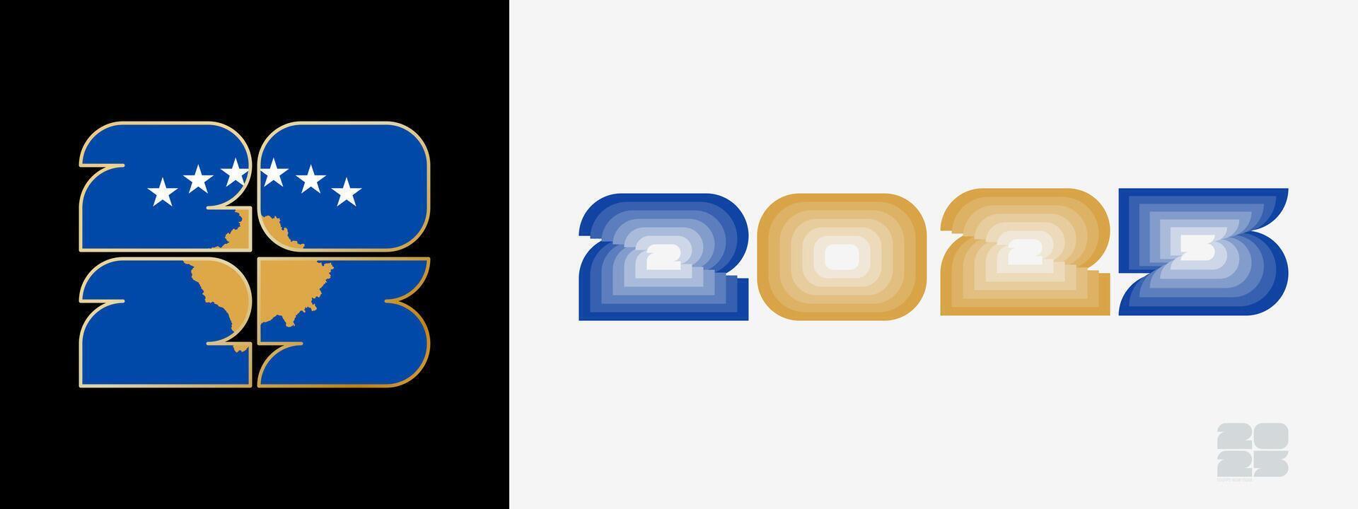 Year 2025 with flag of Kosovo and in color palate of Kosovo flag. Happy New Year 2025 in two different style. vector