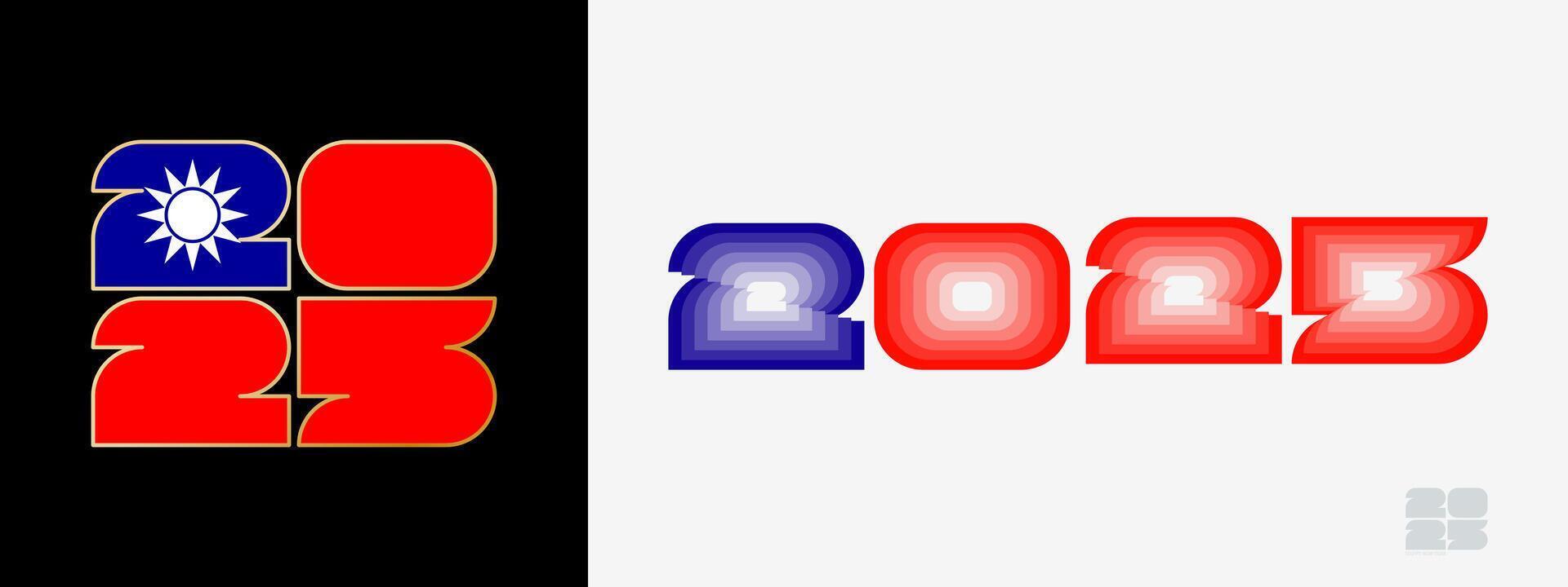Year 2025 with flag of Taiwan and in color palate of Taiwan flag. Happy New Year 2025 in two different style. vector