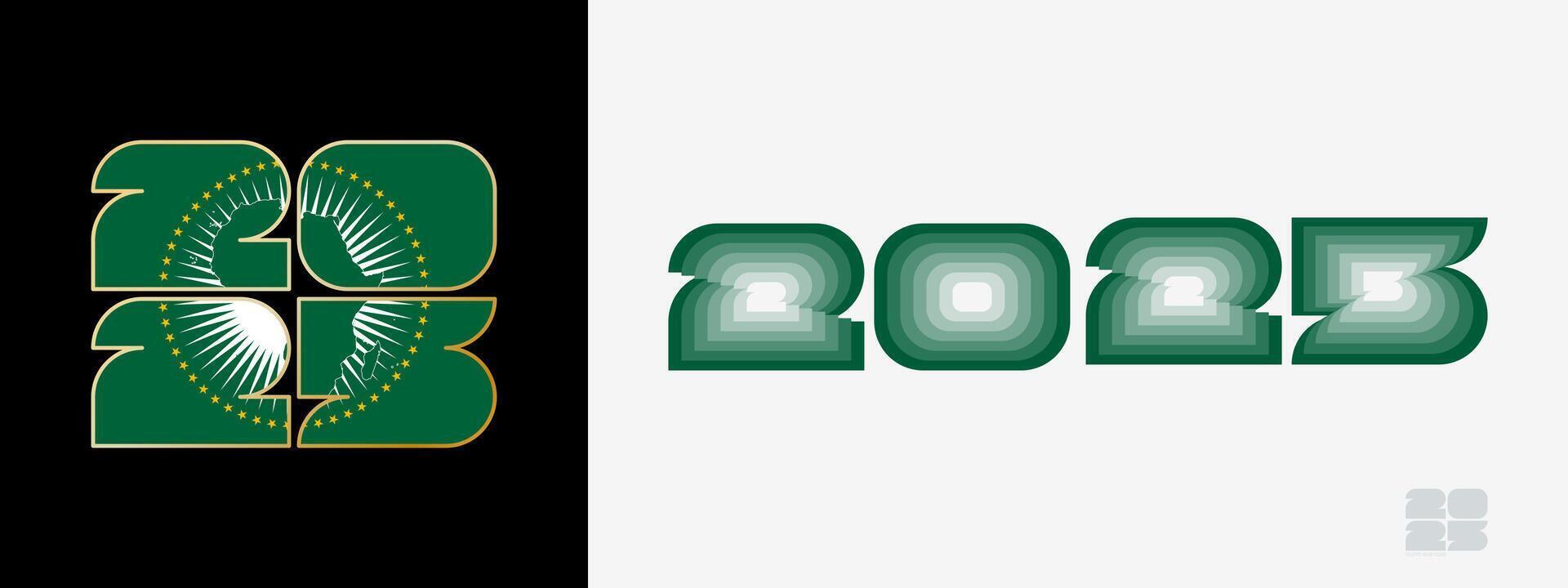 Year 2025 with flag of African Union and in color palate of African Union flag. Happy New Year 2025 in two different style. vector