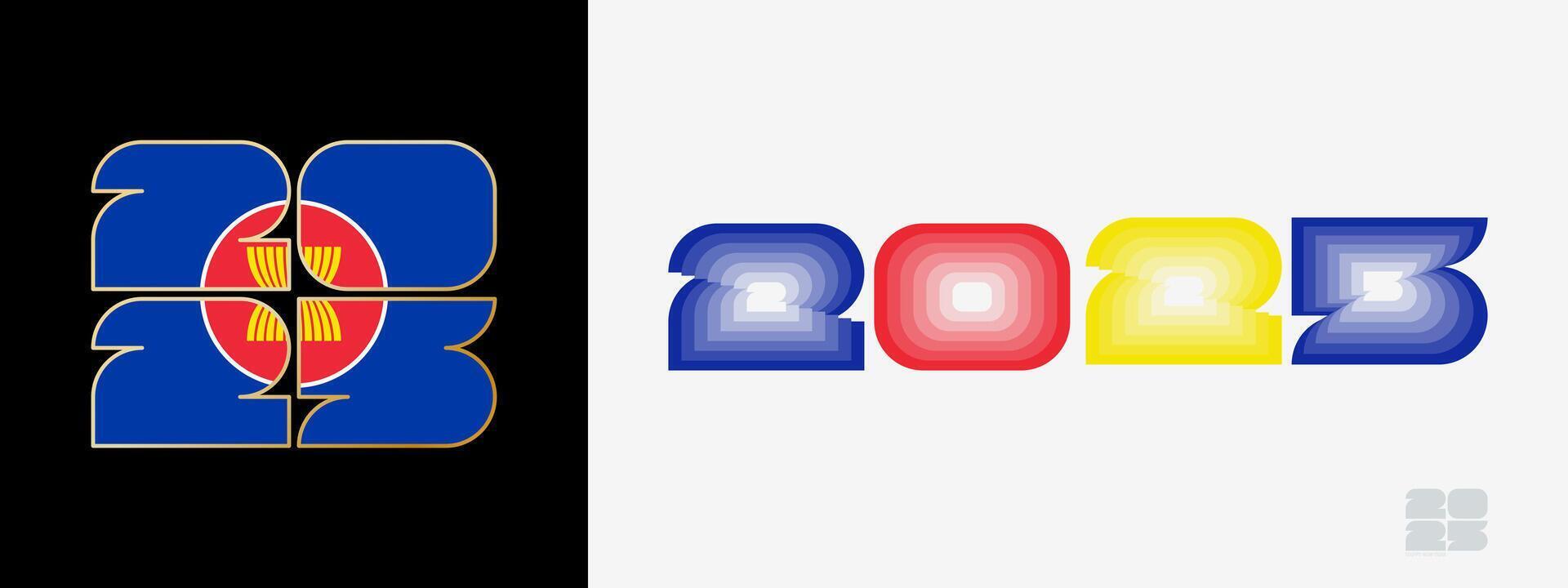 Year 2025 with flag of ASEAN and in color palate of ASEAN flag. Happy New Year 2025 in two different style. vector