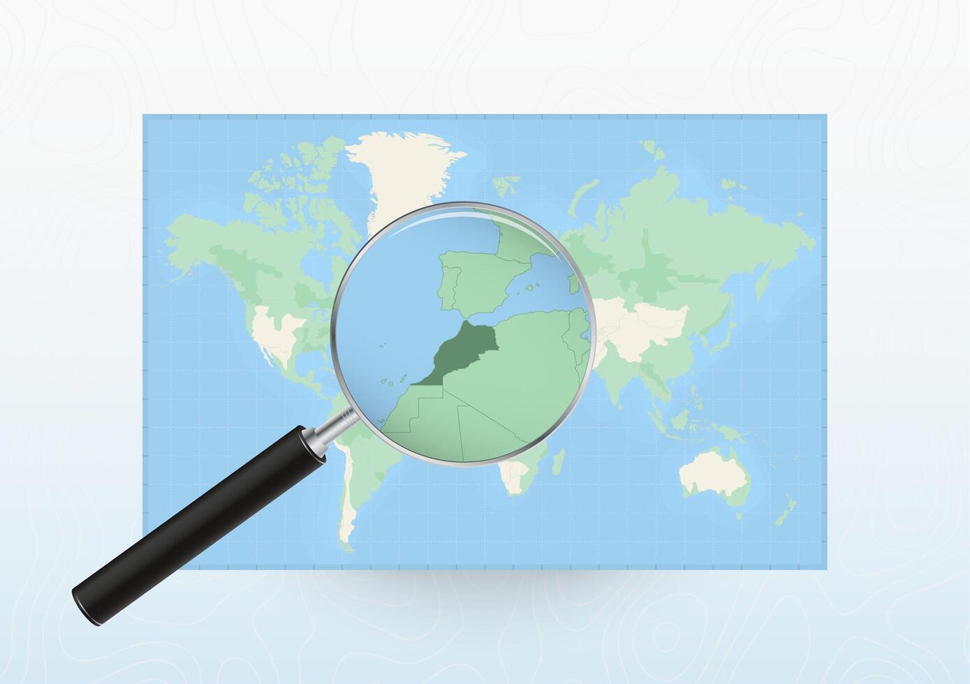 Map of the World with a magnifying glass aimed at Morocco, searching Morocco with loupe. vector