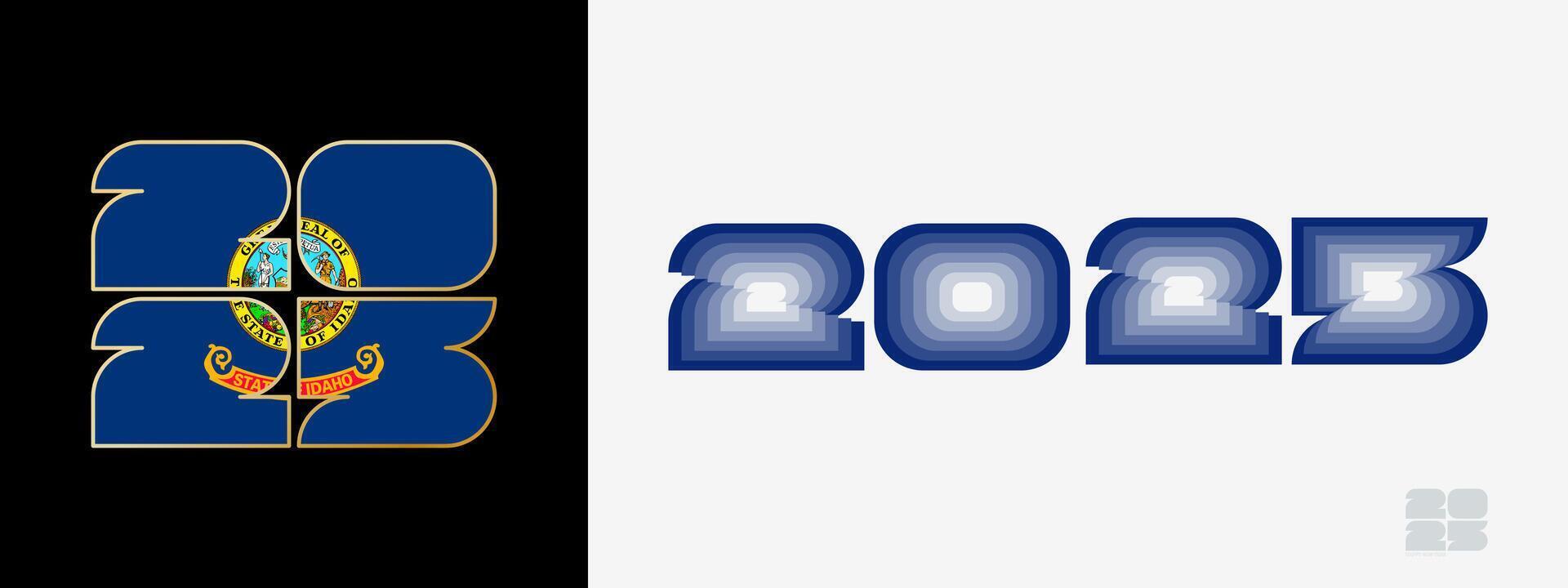 Year 2025 with flag of Idaho and in color palate of Idaho flag. Happy New Year 2025 in two different style. vector