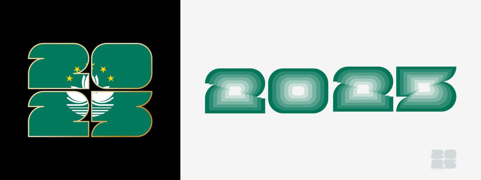 Year 2025 with flag of Macau and in color palate of Macau flag. Happy New Year 2025 in two different style. vector