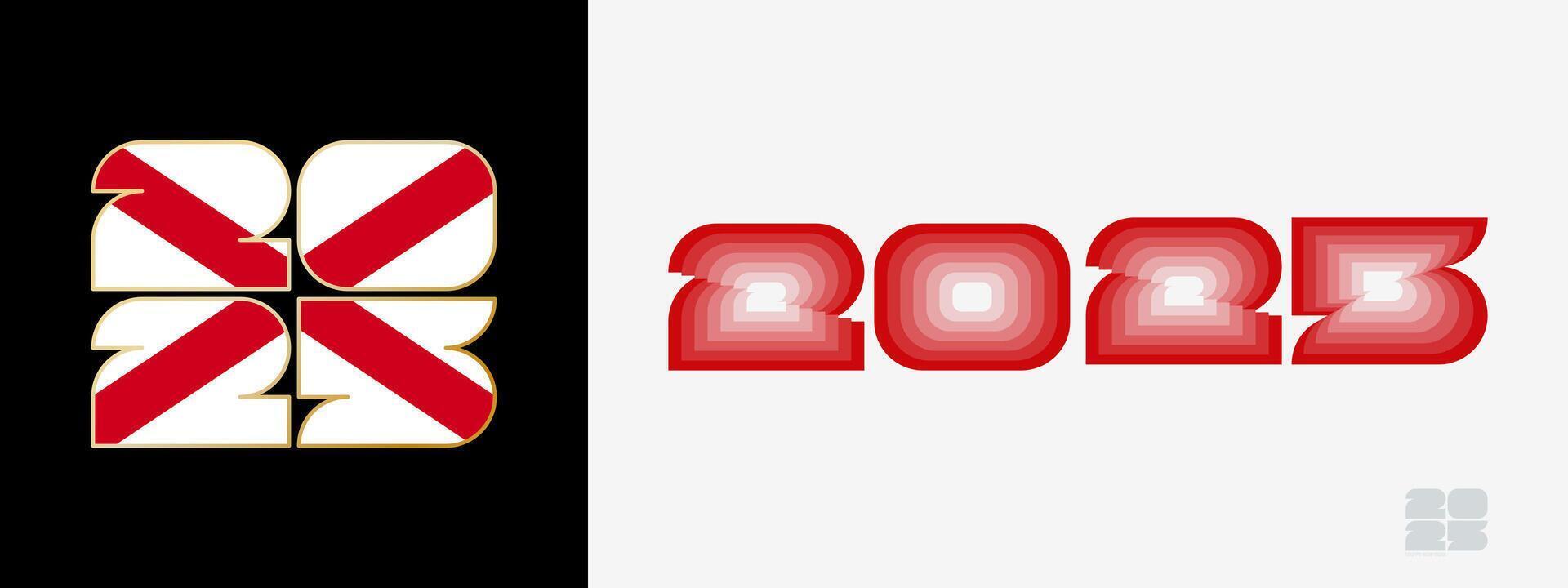 Year 2025 with flag of Alabama and in color palate of Alabama flag. Happy New Year 2025 in two different style. vector