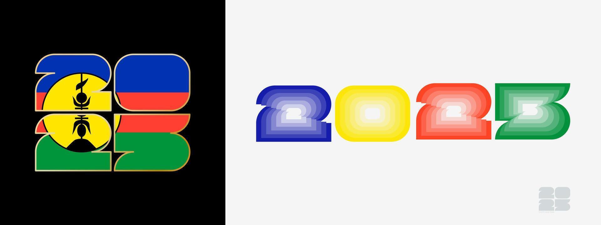 Year 2025 with flag of New Caledonia and in color palate of New Caledonia flag. Happy New Year 2025 in two different style. vector