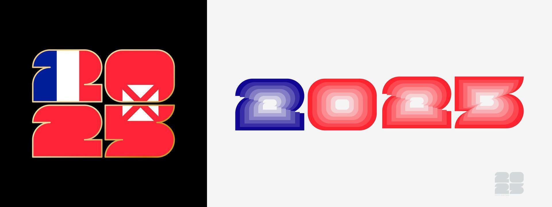 Year 2025 with flag of Wallis and Futuna and in color palate of Wallis and Futuna flag. Happy New Year 2025 in two different style. vector