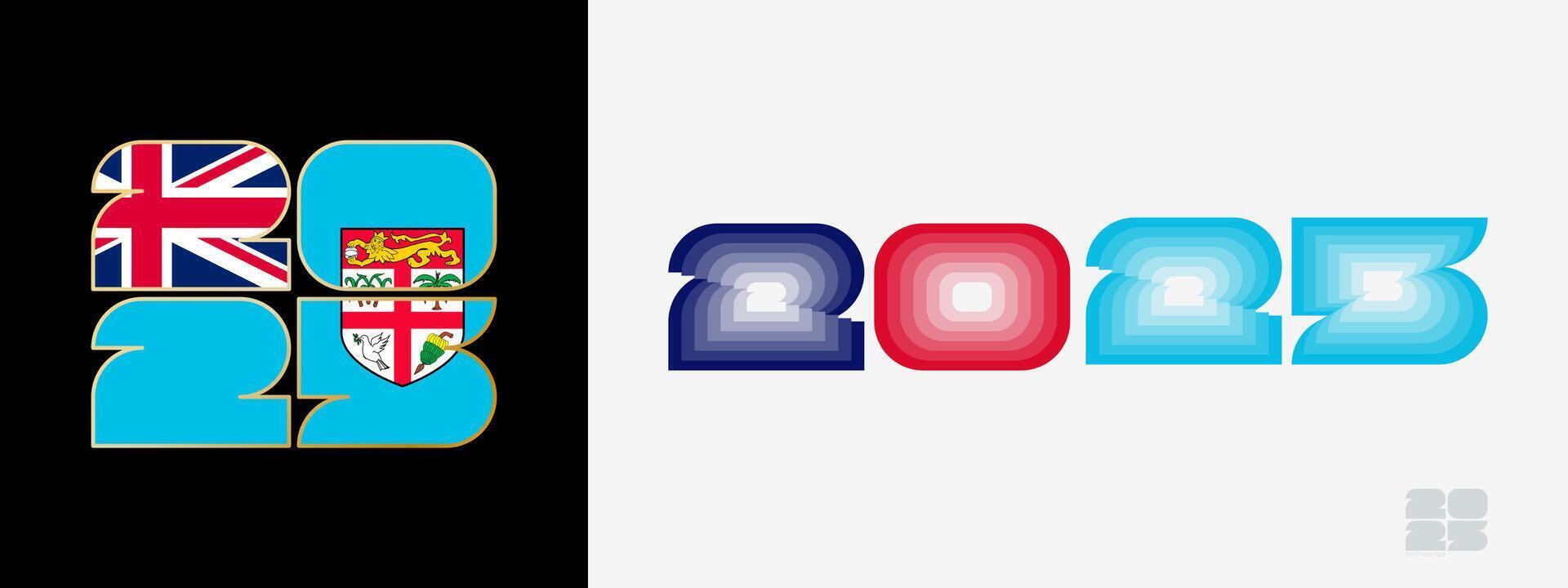 Year 2025 with flag of Fiji and in color palate of Fiji flag. Happy New Year 2025 in two different style. vector