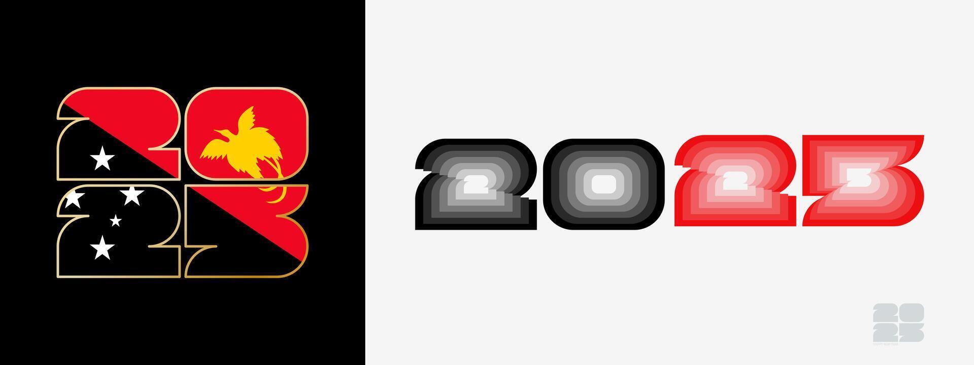 Year 2025 with flag of Papua New Guinea and in color palate of Papua New Guinea flag. Happy New Year 2025 in two different style. vector