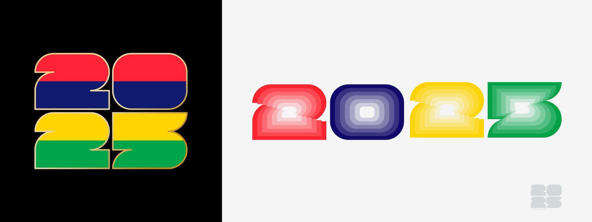 Year 2025 with flag of Mauritius and in color palate of Mauritius flag. Happy New Year 2025 in two different style. vector