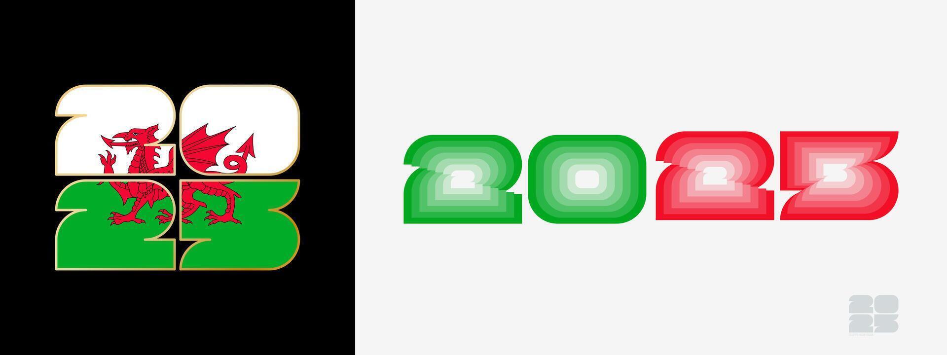Year 2025 with flag of Wales and in color palate of Wales flag. Happy New Year 2025 in two different style. vector