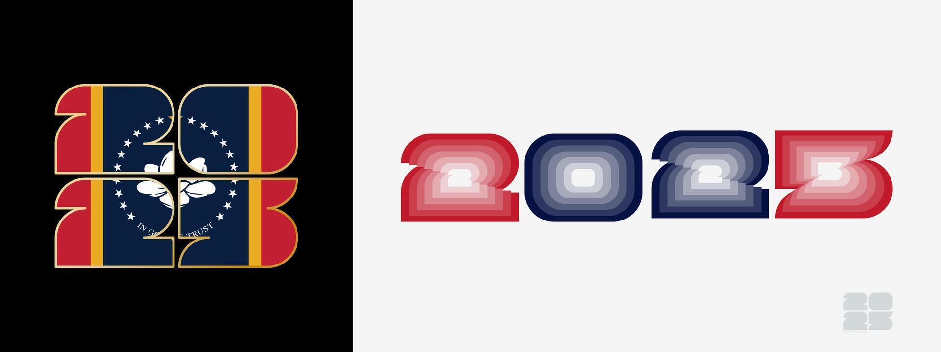 Year 2025 with flag of Mississippi and in color palate of Mississippi flag. Happy New Year 2025 in two different style. vector