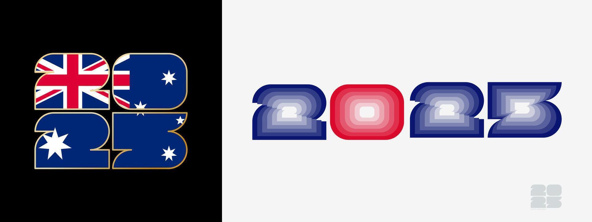Year 2025 with flag of Australia and in color palate of Australia flag. Happy New Year 2025 in two different style. vector