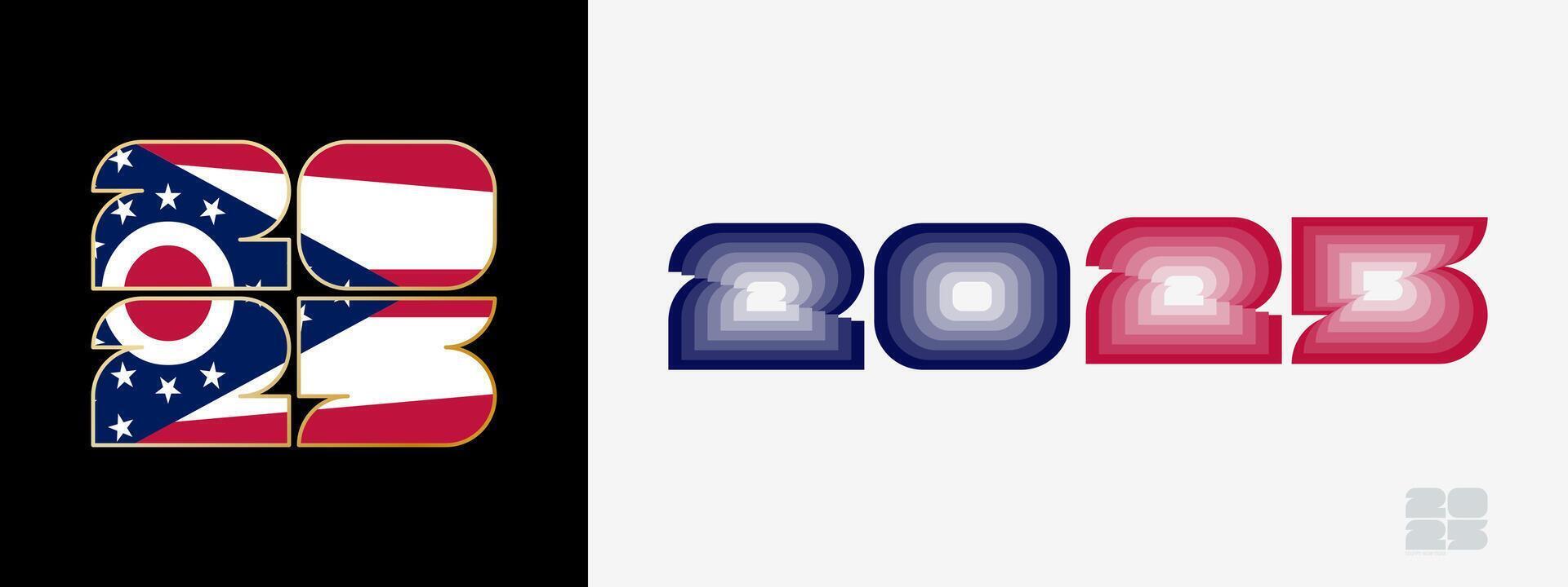 Year 2025 with flag of Ohio and in color palate of Ohio flag. Happy New Year 2025 in two different style. vector