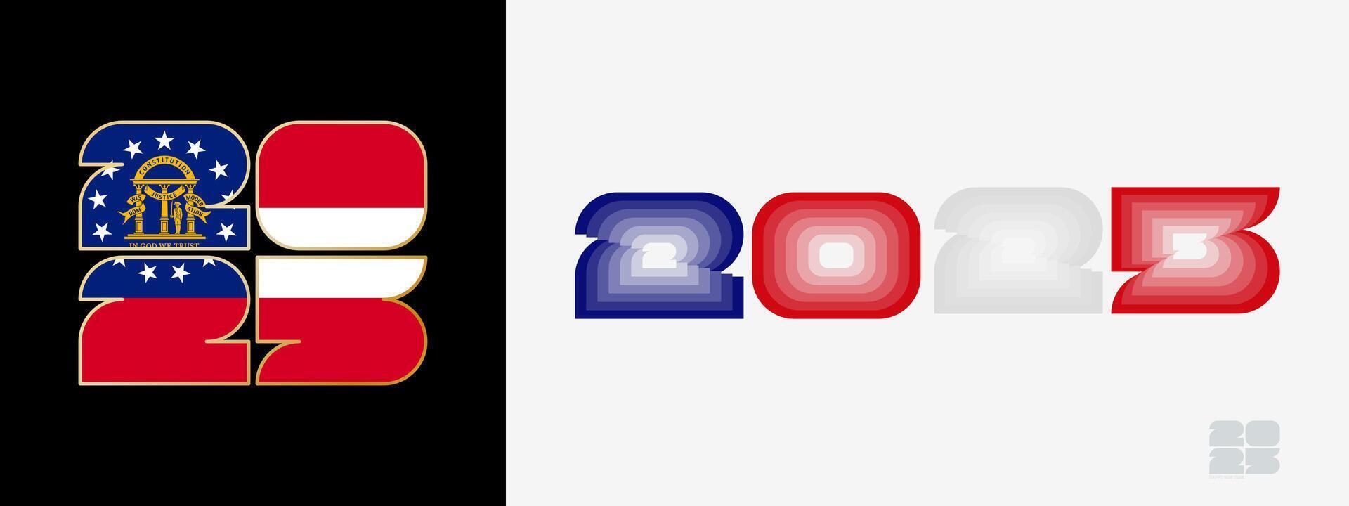 Year 2025 with flag of Georgia and in color palate of Georgia flag. Happy New Year 2025 in two different style. vector