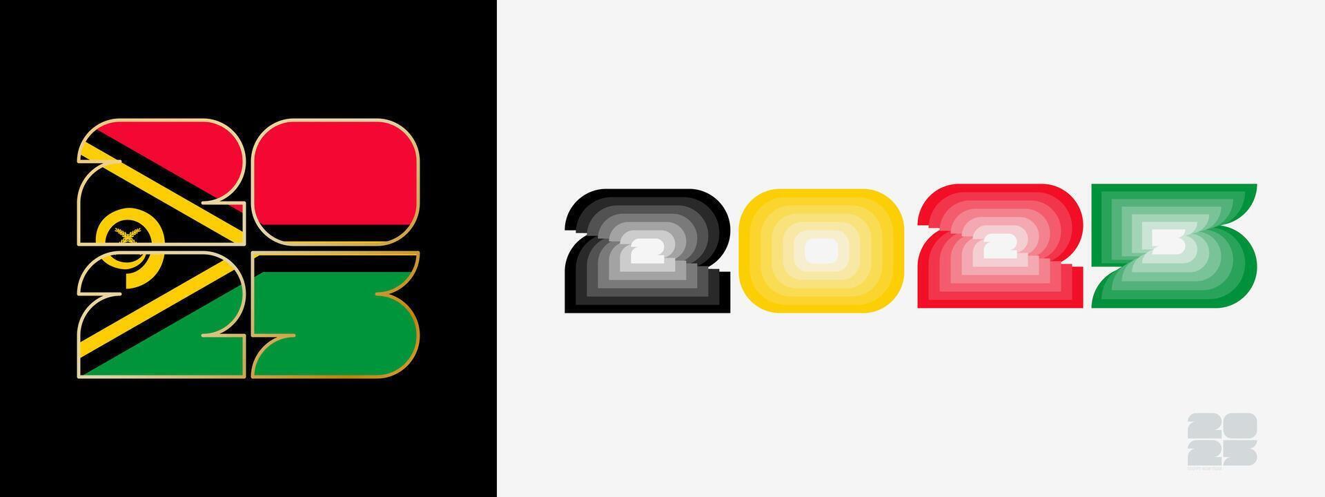 Year 2025 with flag of Vanuatu and in color palate of Vanuatu flag. Happy New Year 2025 in two different style. vector