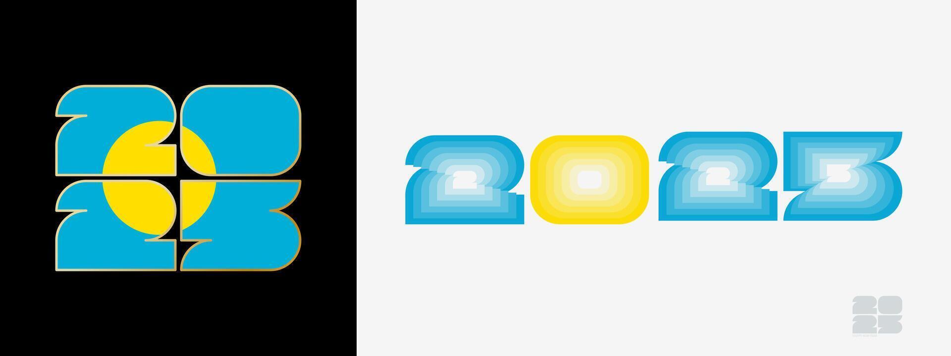 Year 2025 with flag of Palau and in color palate of Palau flag. Happy New Year 2025 in two different style. vector