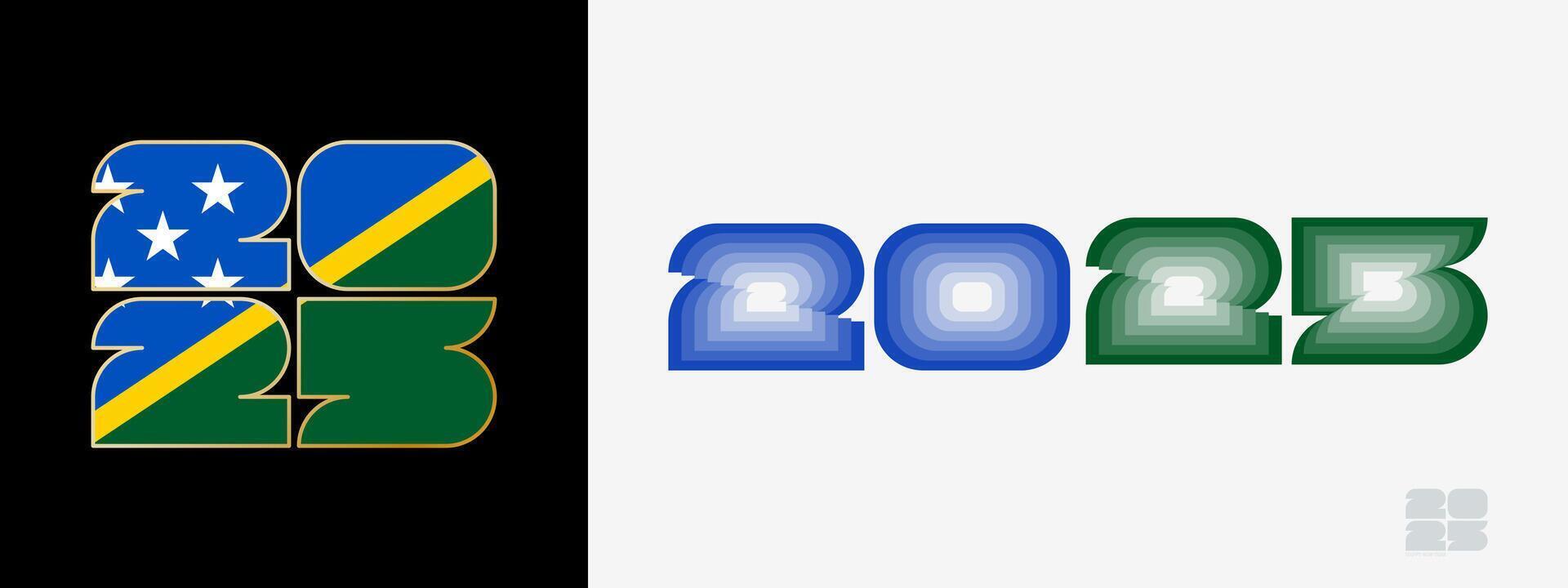 Year 2025 with flag of Solomon Islands and in color palate of Solomon Islands flag. Happy New Year 2025 in two different style. vector