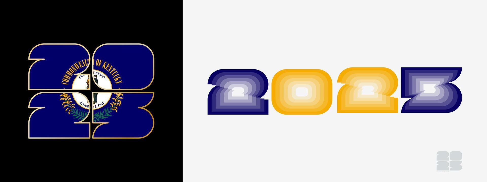 Year 2025 with flag of Kentucky and in color palate of Kentucky flag. Happy New Year 2025 in two different style. vector