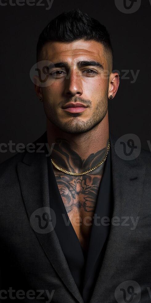 Stylish man with tattoos poses confidently in dark attire photo