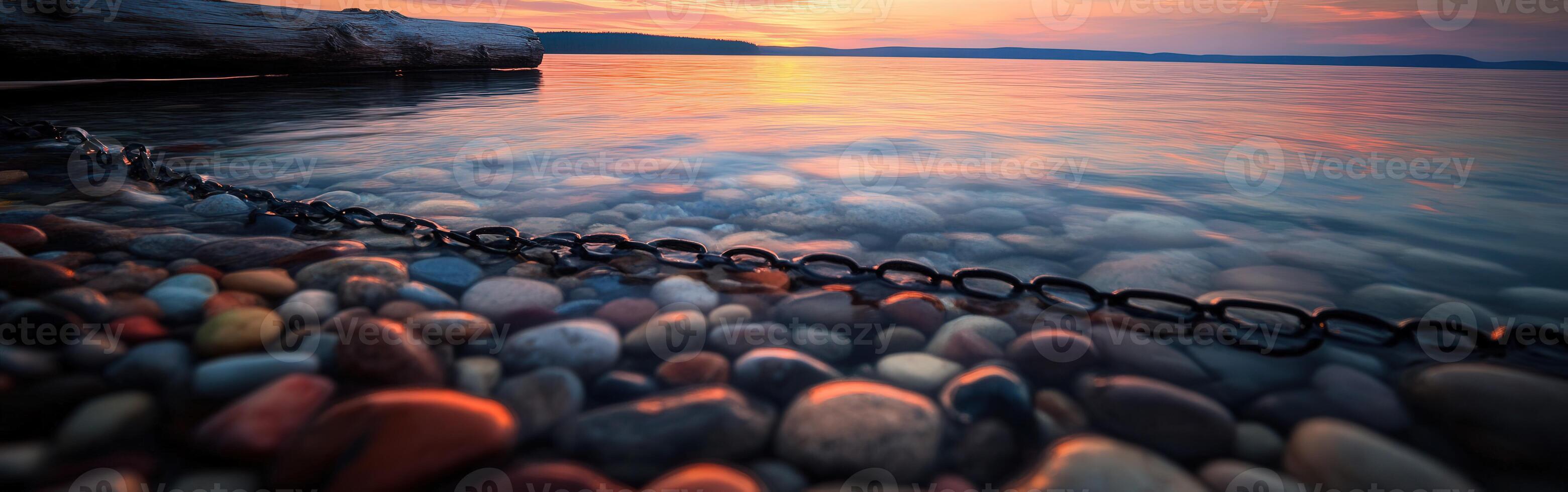Peaceful evening sunset over smooth pebbles by the lakeshore photo