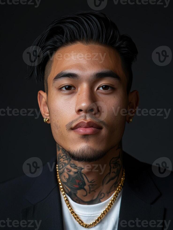 Portrait of a man with tattoos and styled hair in a formal outfit photo