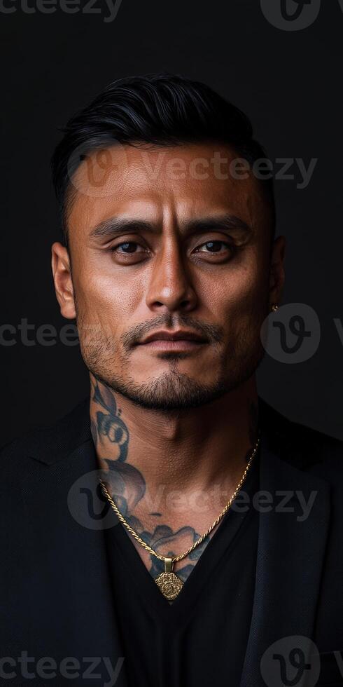 Confident man with tattoos posing in a dark setting at night photo