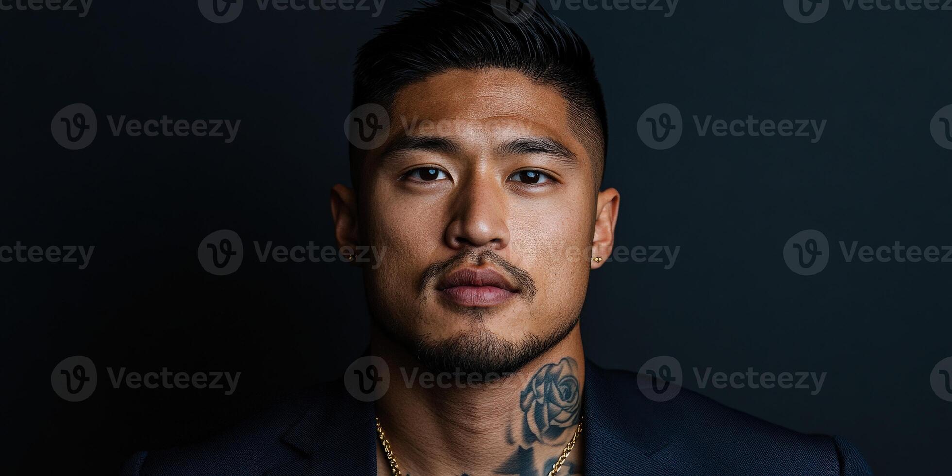 Portrait of a man with a tattoo against a dark background in studio photo