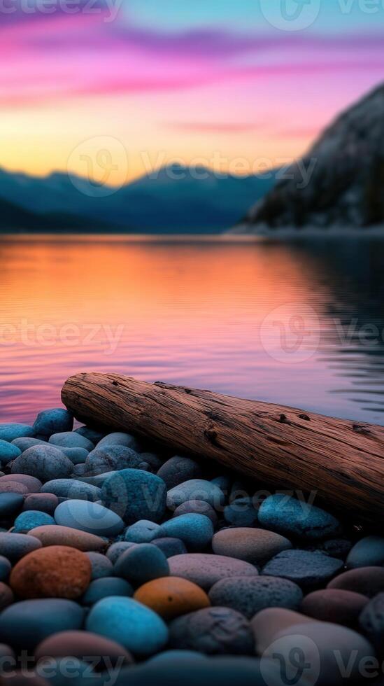 Tranquil sunset over calm lake with pebbles and a log on the shore photo