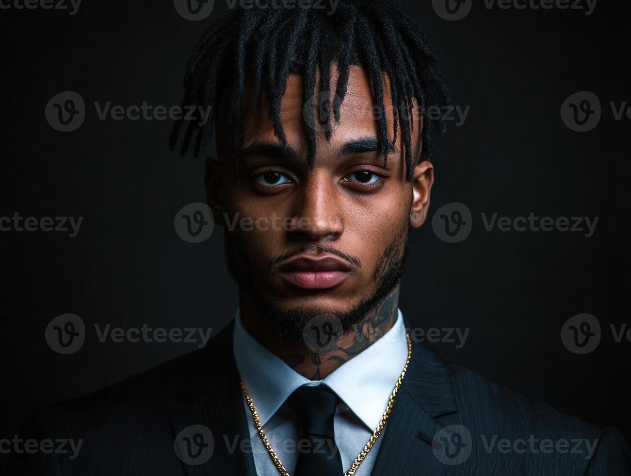 Man in formal attire with dreadlocks against dark background photo