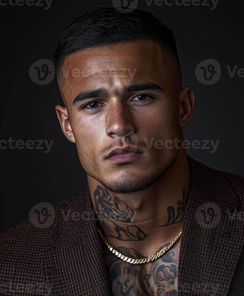 A tattooed young man in formal attire gazes confidently at the camera photo