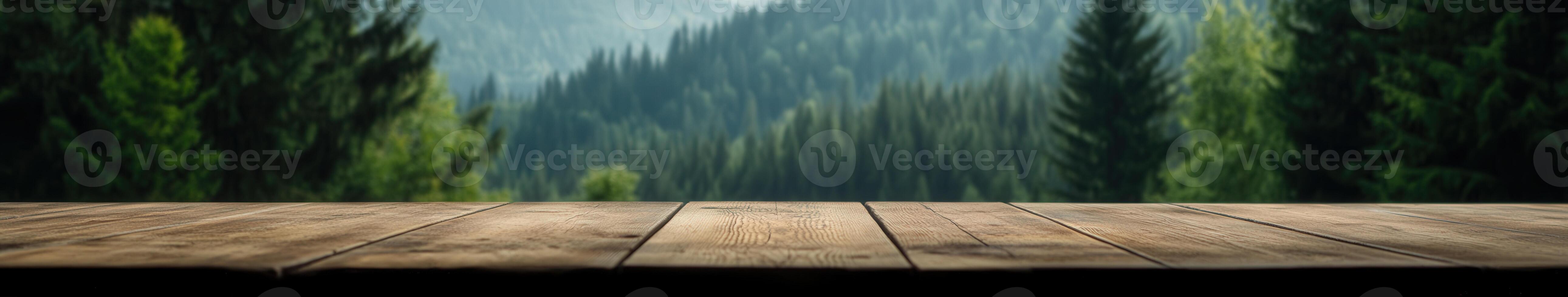 Scenic forest view from a wooden deck during early morning hours photo