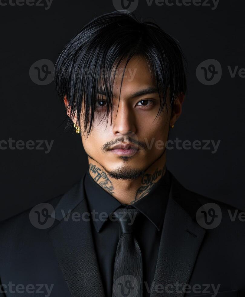 Serene portrait of a man in a black suit against a dark backdrop photo
