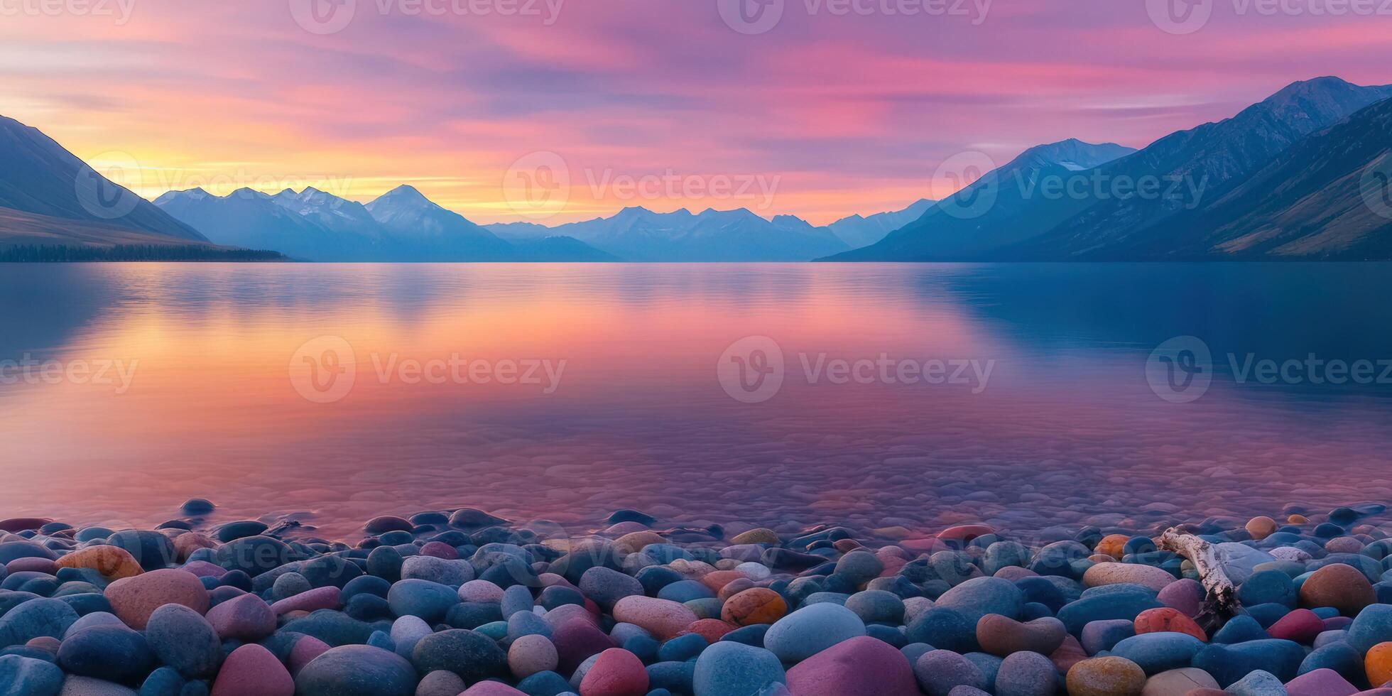 Colorful pebbles along a serene lake at sunset in New Zealand photo