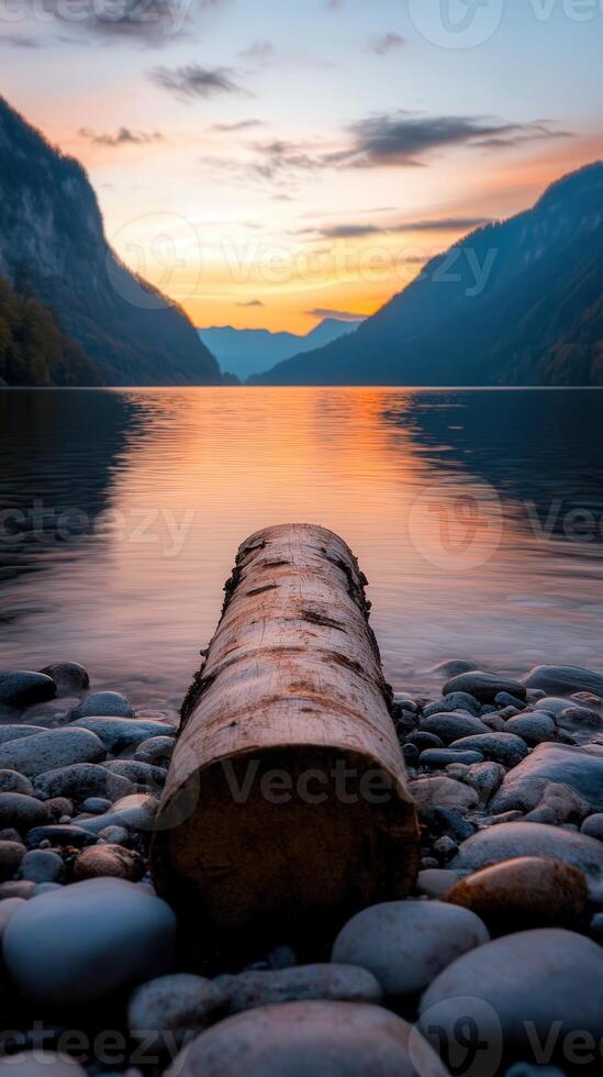 Beautiful sunset over calm lake with a log on rocky shore photo
