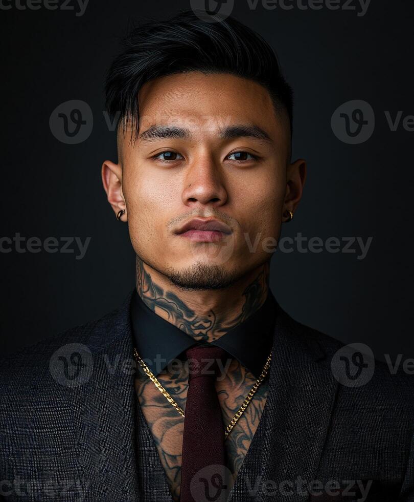 Stylish man with tattoos in a formal suit under dramatic lighting photo