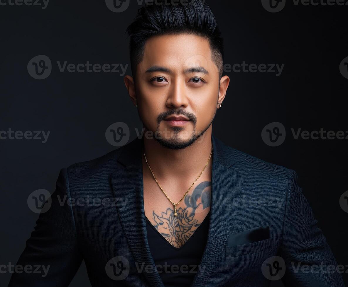 Confident man with tattoos in formal attire against a dark backdrop photo