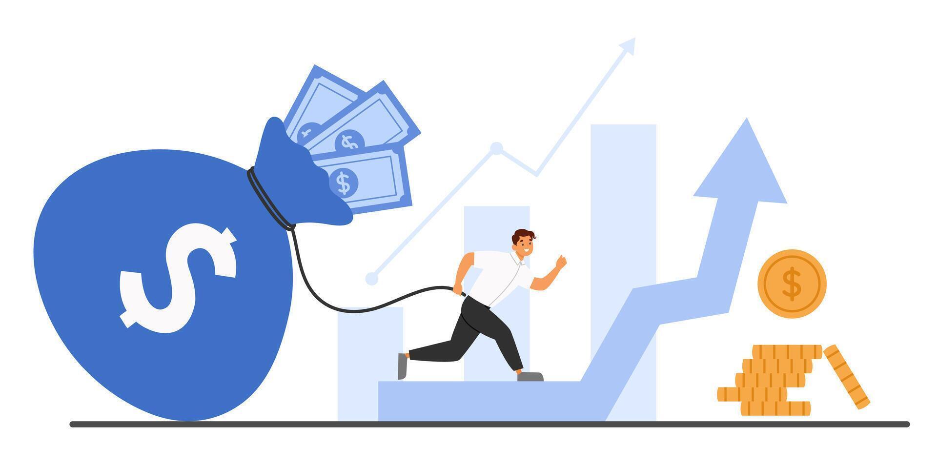Man pushing a huge money sack, visualizing profit growth, economic stability, and financial success vector