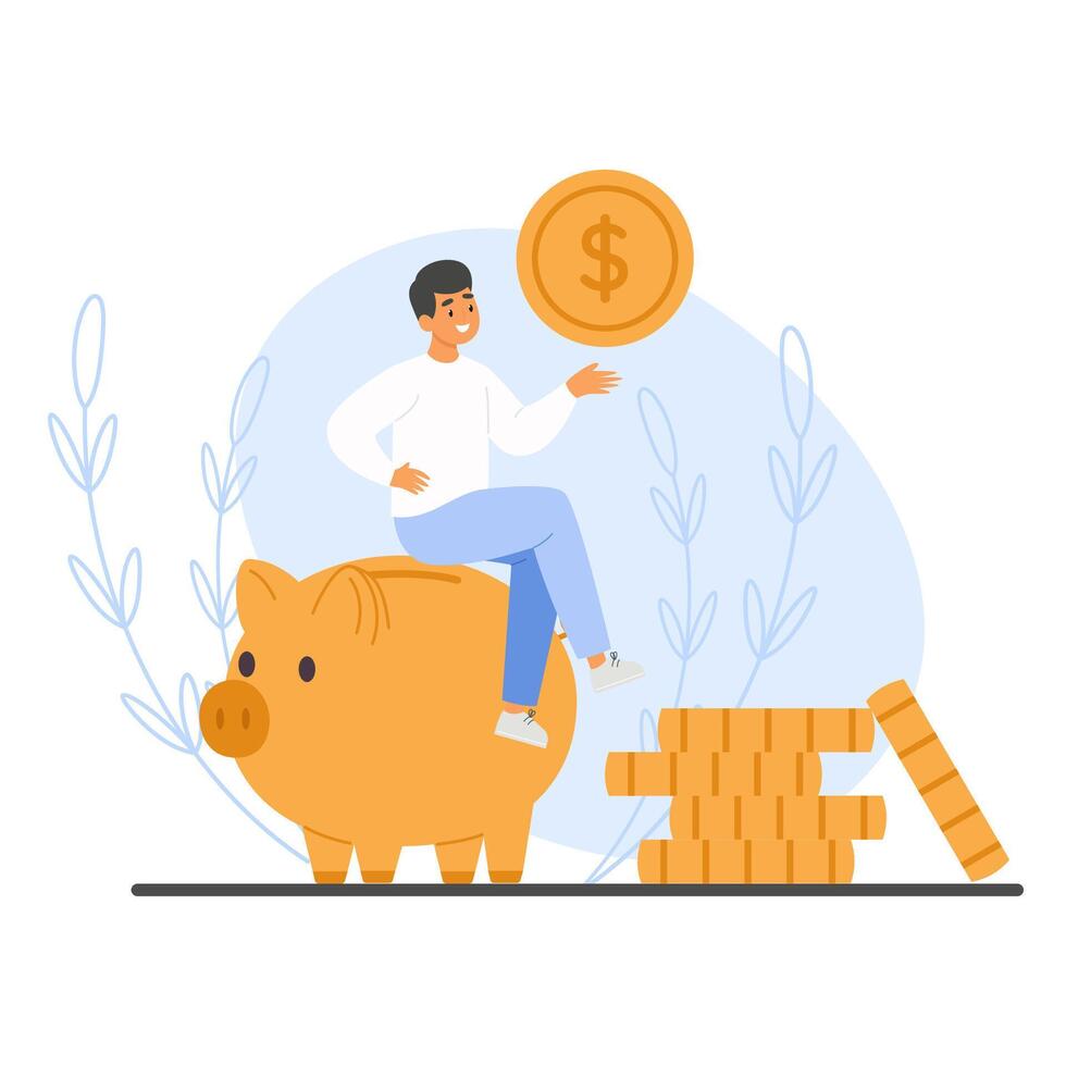Man sitting on a piggy bank with coin above the hand. Financial planning, and wealth success vector