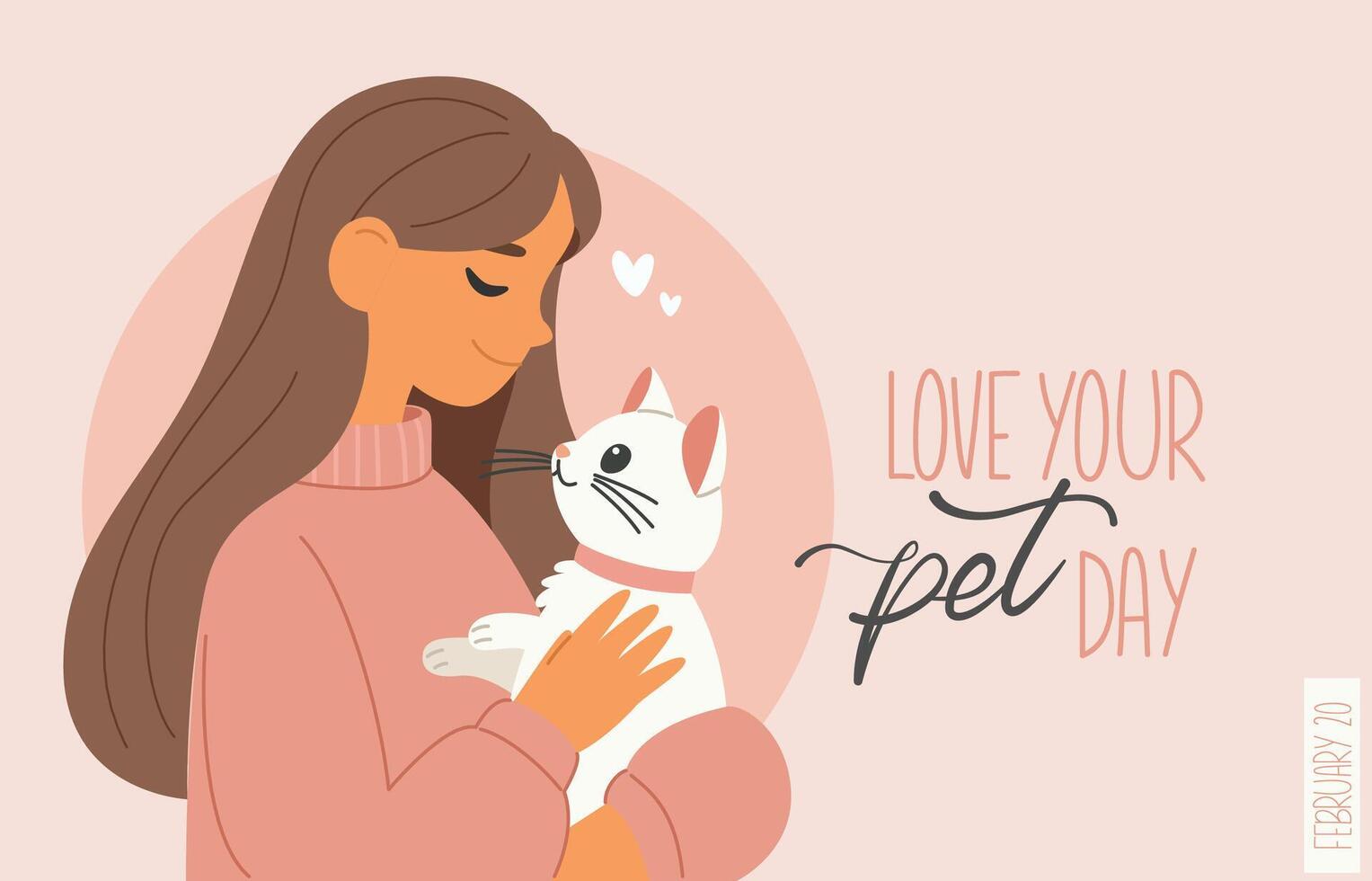 Love your pet day banner with girl holding her lovely cat in hands. Face to face. Holiday concept vector