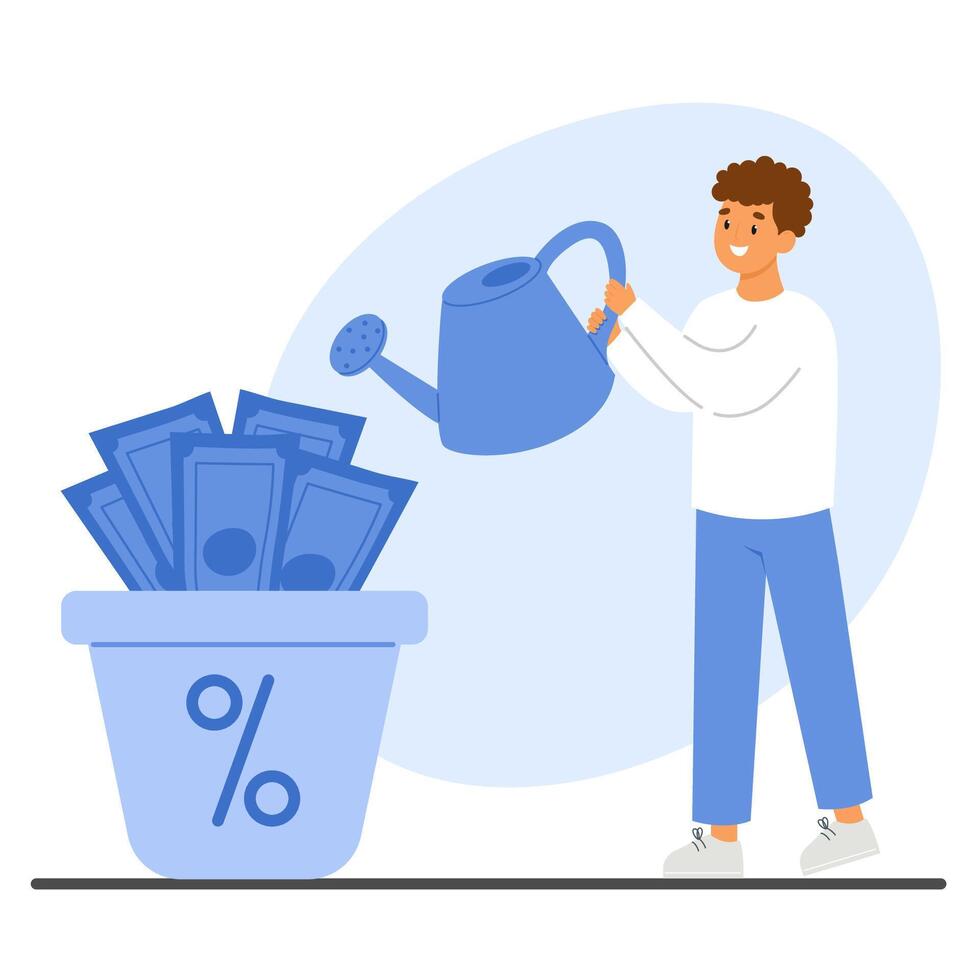 Man watering paper banknotes on pot. Growing wealth through steady and thoughtful investment vector