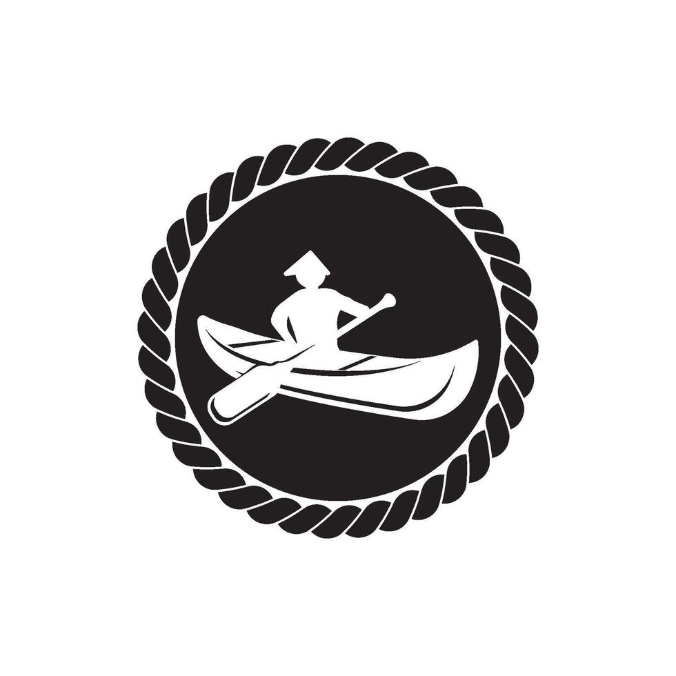 A black and white logo of a man in a canoe vector