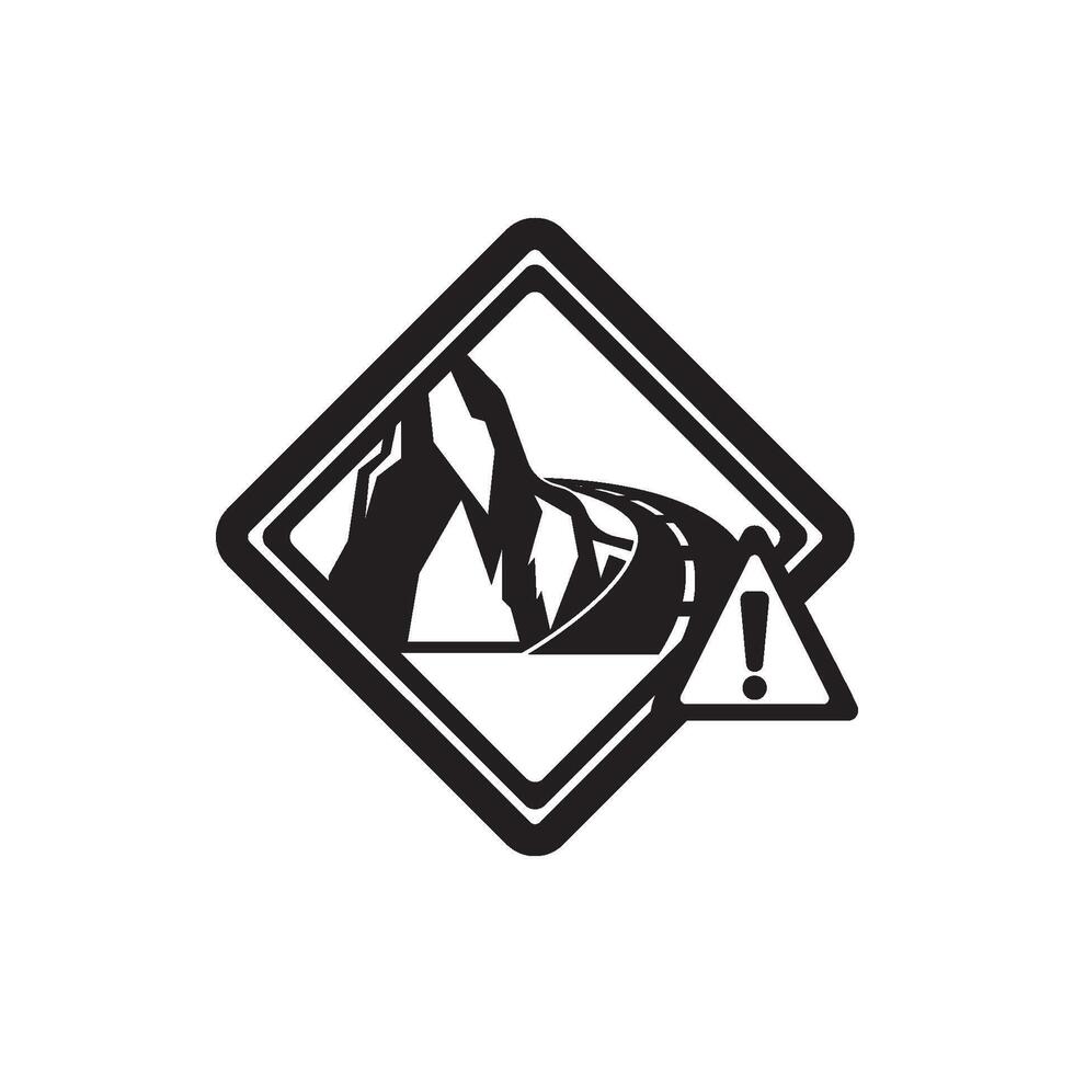 A black and white image of a mountain road with a warning sign vector